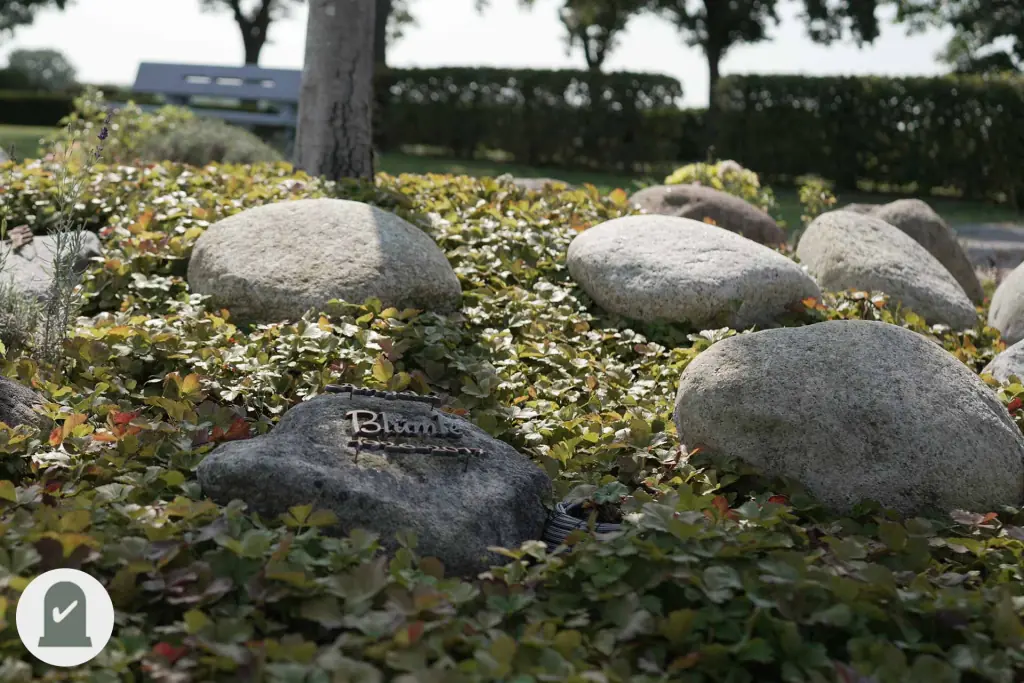 Grabfeld mit großen Kieselsteinen und Namensstein unter einem Baum