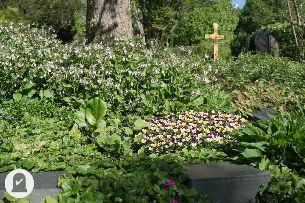 Stauden und Stiefmütterchen vor einem Holzkreuz