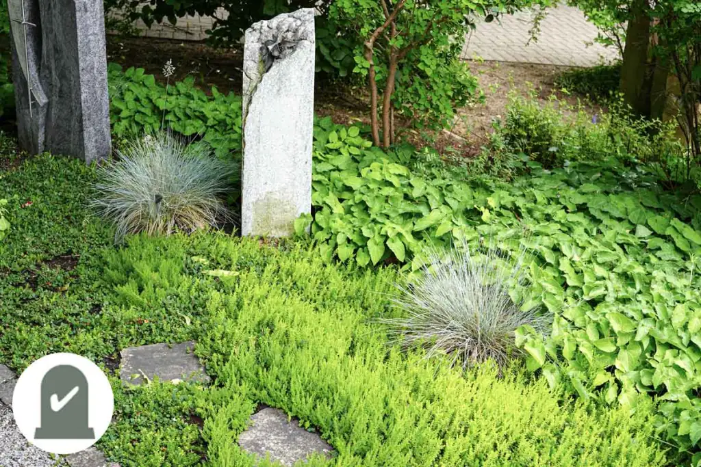 Helle Stele zwischen Gräsern und Farnen