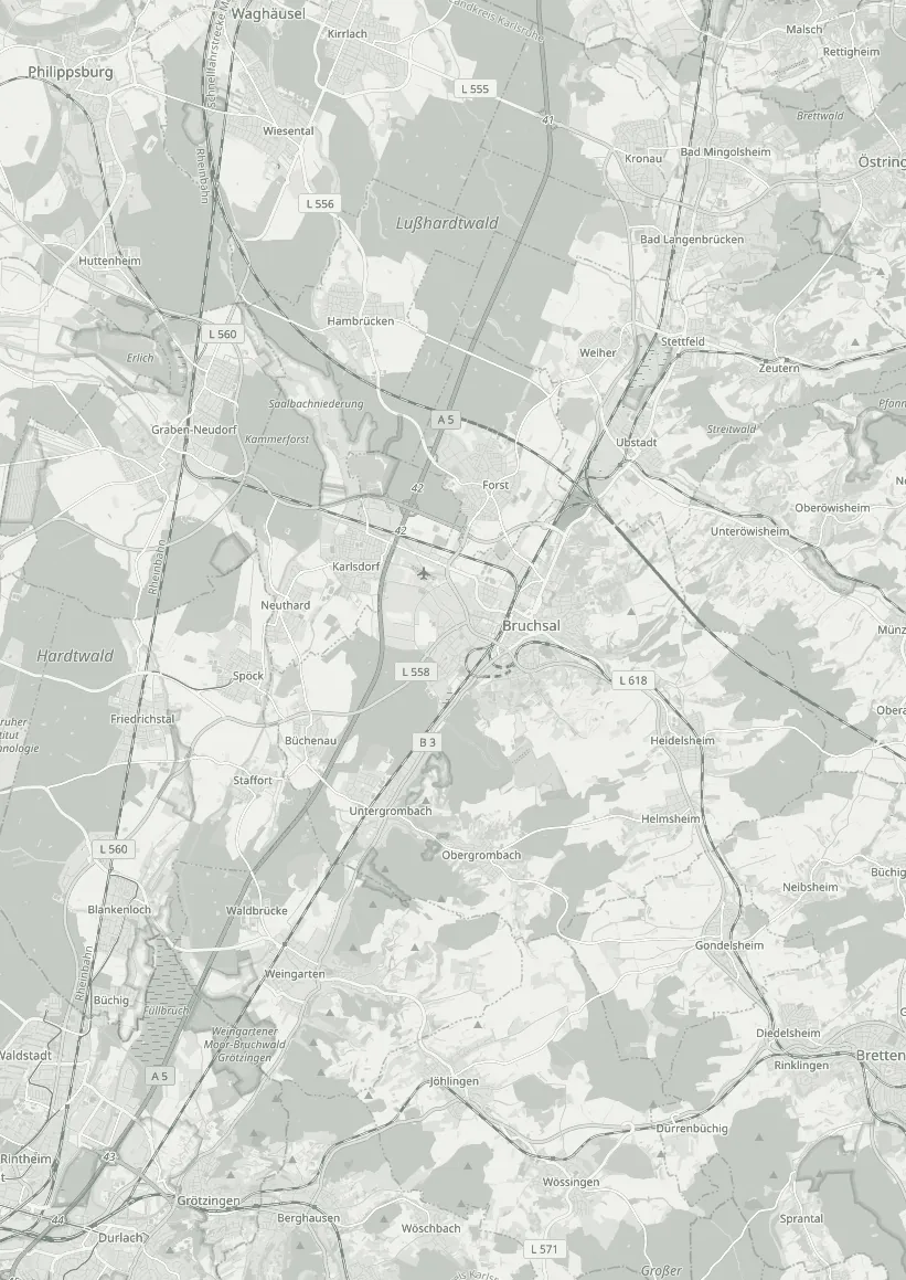 Karte der Region zwischen Waghäusel und Walzbachtal mit den 17 Erinnerungsgärten